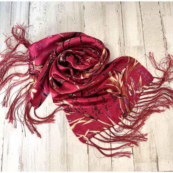 Silk Neck Scarf Asian Fringe Party Cocktail Luxury Japan Gift Travel Accessory - Picture 1 of 6